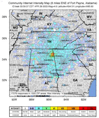 map showing the location of the Fort Payne, AL earthquake